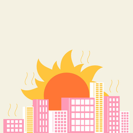 Heat wave warning for hot temperatures template banner with copy space. Summer city suffers from the heat minimalistic vector illustrationのイラスト素材