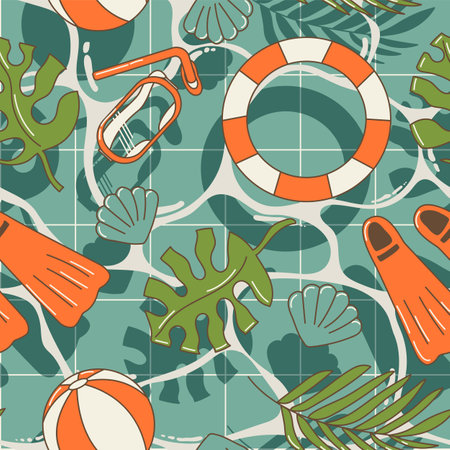 Summer seamless pattern with tropical leaves, lifebuoy, flippers, ball, goggles for swimming in the pool in cute cartoon styleのイラスト素材