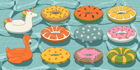Cartoon swimming float ring. Funny flamingo, unicorn, watermelon, donut, lemon, tropical, daisy, striped rings. Summer swimming pool toys isolated in a flat styleのイラスト素材