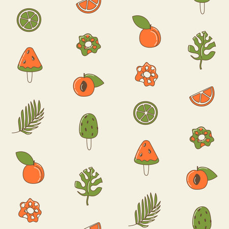 Seamless design with trendy summer icons. Repeat pattern with various drawings related to summer time and vacationのイラスト素材