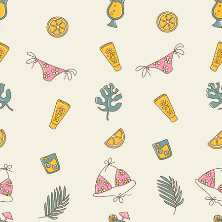 Seamless design with trendy summer icons. Repeat pattern with various drawings related to summer time and vacationのイラスト素材