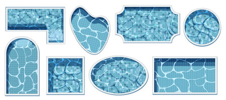 Pool top view. Swimming pools different shapes cartoon style, exterior poolside with water texture tile, summer vacation swim areaのイラスト素材