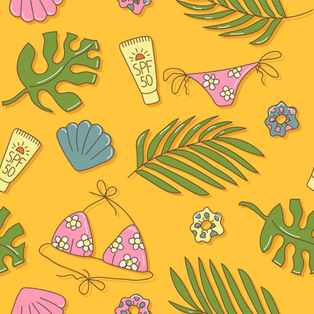 Summer seamless pattern with tropical leaves, sunscreen, bikini, shell in cute cartoon style, looped elementsのイラスト素材