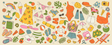 Big collection of summer illustrations. Clothes, fruits, drinks, ice creams, swimsuits, ball, book stickers. Cool groovy cartoon colorful hand draw clip arts with outline, isolatedのイラスト素材