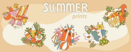 Set of summer time print, cool set of objects for the beach, pool vacation, isolated with shadows, for t-shirts, sticker, banner and posterのイラスト素材