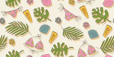 Summer seamless pattern with tropical leaves, sunscreen, bikini, shell in cute cartoon style, looped elementsのイラスト素材