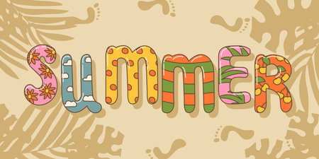 Cute horizontal banner with sand and word Summer, tropical leaves shadow and footprint on it in cartoon groovy styleのイラスト素材