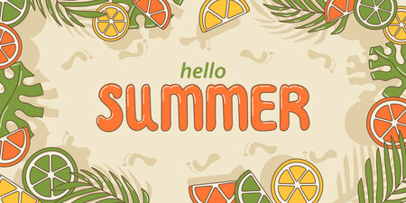 Cute tropical horizontal banner with footpint, citrus and palm leaves around and word summer in the center, cartoon groovy styleのイラスト素材