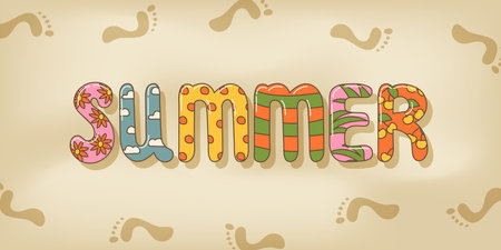 Cute horizontal banner with sand and word Summer and footprint on it in cartoon groovy styleのイラスト素材