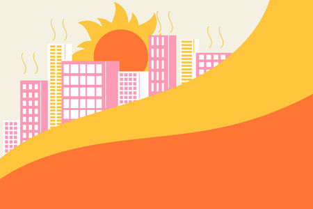 Heat wave warning for hot temperatures template banner with copy space. Summer city suffers from the heat minimalistic vector illustrationのイラスト素材