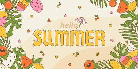 Cute tropical horizontal banner with ice cream, fruits around and word summer on it center, cartoon groovy styleのイラスト素材
