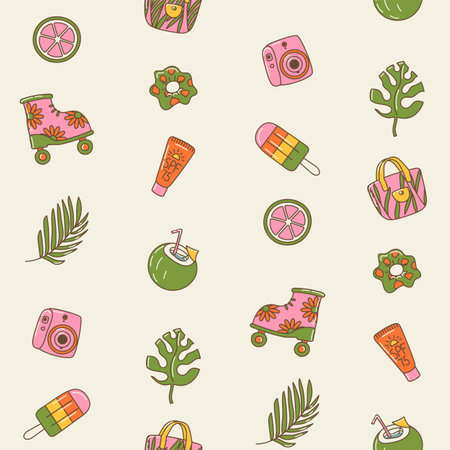 Seamless design with trendy summer icons. Repeat pattern with various drawings related to summer time and vacationのイラスト素材