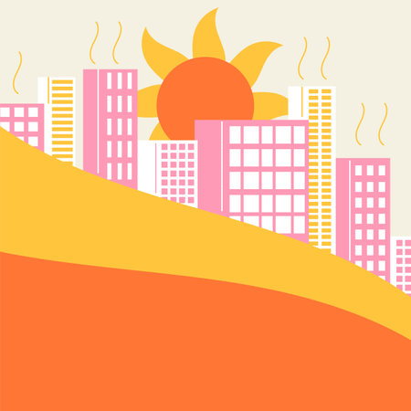 Heat wave warning for hot temperatures template banner with copy space. Summer city suffers from the heat minimalistic vector illustrationのイラスト素材