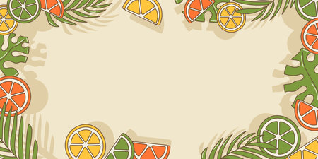 Cute tropical horizontal empty banner with citrus and palm leaves, cartoon groovy styleのイラスト素材