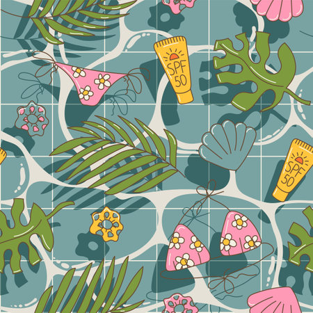 Summer seamless pattern with tropical leaves, sunscreen, bikini, shell in the swimming pool in cute cartoon styleのイラスト素材