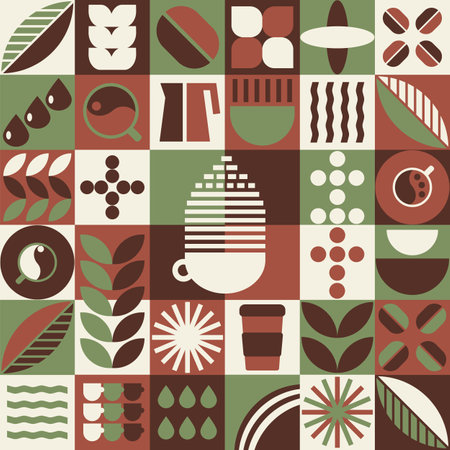 Coffee background with design elements in simple geometric style. Seamless pattern with abstract shapes. Good for branding, decoration of food package, cover design, decorative priのイラスト素材