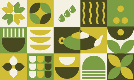 Pattern with tea theme. Geometric print, bannner with abstract shapes, cup, pot, tea leaves, water. Cover design, food package, menu, background, cafÃ© wall, coffee shop, tea storeのイラスト素材