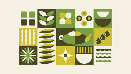 Pattern with tea theme. Geometric print, bannner with abstract shapes, cup, pot, tea leaves, water. Cover design, food package, menu, background, cafÃ© wall, coffee shop, tea storeのイラスト素材