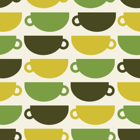 Tea cup green geometric seamless pattern, cute flat minimalistic design, banner, wrapping paper, wallpaper, fabric, backgroundのイラスト素材