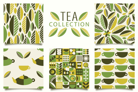 Set of green tea seamless patterns, design elements in simple geometric style. Seamless background with abstract shapes. Good for branding, decoration of food package, cover designのイラスト素材