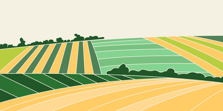 Abstract agriculture field or farm card banner. Vineyard valley pattern, countryside landscape, eco horizontal panorama template. Green nature organic backgroundのイラスト素材