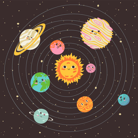 Funny planets of Solar system and Sun with smiling faces. Adorable celestial bodies in outer space....
