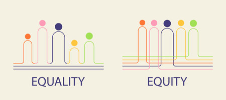 Equity vs. Equality concept. Abstract people on different starting positions to reach an equal outcome. Vector illustrationのイラスト素材