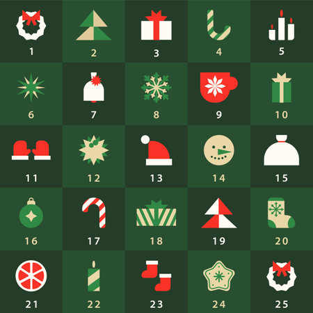 December geometric advent calendar. Christmas poster countdown printable tags numbered with holiday ornament in red, green and white colors templateのイラスト素材