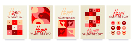 Valentine's day concept posters set. Vector illustration. Flat geometric bauhaus illustration. Cute...