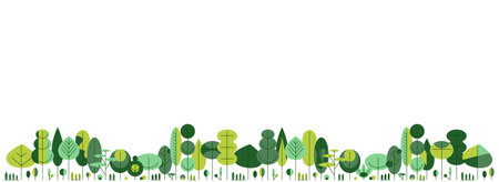 Natural horizontal light minimalistic background with row of geometric trees below for banner, poster, presentations, social media. Universal vector templateのイラスト素材