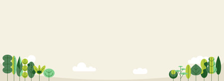 Natural horizontal light minimalistic background with row of geometric trees below for banner, poster, presentations, social media. Universal vector templateのイラスト素材