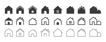 Web home icon set for websites and apps. Simple house symbol. Flat real estate sign. Main page pictogram in filled, thin line, outline and stroke styleのイラスト素材