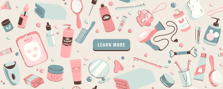 Website banner for learn more page with illustration of objects and cosmetics for the bathroom. Daily self care accessories and hygiene with massage, spa productsのイラスト素材