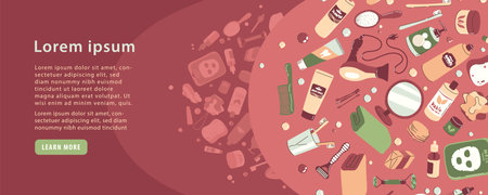 Website banner for learn more page with illustration of objects and cosmetics for the bathroom and copyspace. Daily self care accessories and hygiene with massage, spa products.のイラスト素材