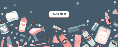 Website banner for learn more page with illustration of objects and cosmetics for the bathroom. Daily self care accessories and hygiene with massage, spa productsのイラスト素材