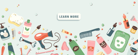 Website banner for learn more page with illustration of objects and cosmetics for the bathroom. Daily self care accessories and hygiene with massage, spa productsのイラスト素材