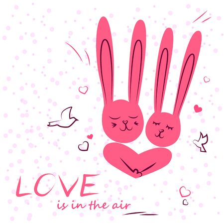 Bunny in love. Enamored funny rabbits on a date. Greeting card for St Valentines Dayの写真素材