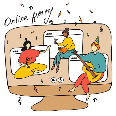 Friends cannot meet offline, they celebrate birthday in network. Video calls, Internet conferences, group online chats. African american and asian girls and european guy. International friendship.のイラスト素材