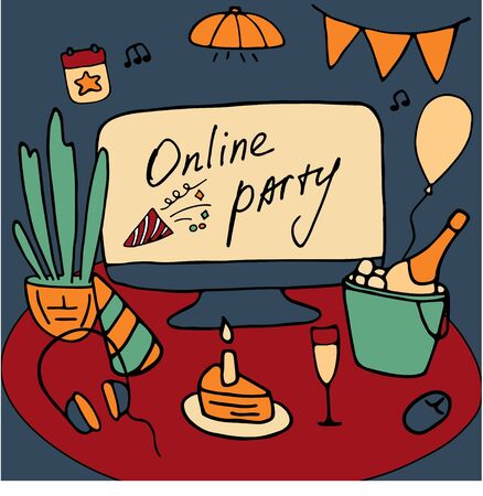 Holiday in conditions of self-isolation. Celebration in front of a computer. Birthday with friends online. Vector doodle graphic.のイラスト素材