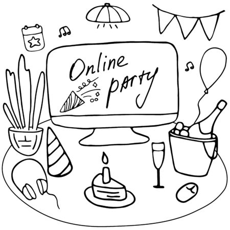 Online birthday party. Self-isolation online house party with wine and sweets. Stay at home. Hand drawn doodle vector illustration.のイラスト素材