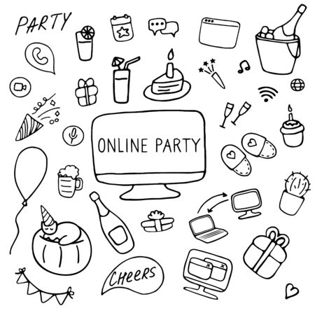 Online party icon set. Online party, birthday celebration during quarantine. Doodle icons. Hand drawn vector illustration.のイラスト素材