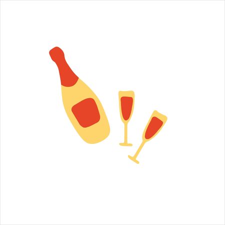 A bottle of champagne and two glasses. Vector hand drawn doodle iconsのイラスト素材