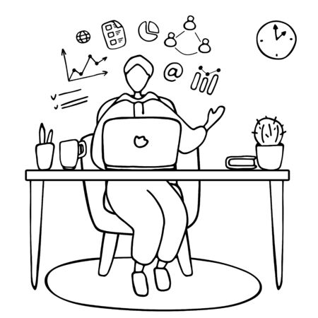 Man teaches online. Blogger is streaming. Guy training online. Online university, video conference, remote work, e-learning concept. Hand drawn vector illustrationのイラスト素材