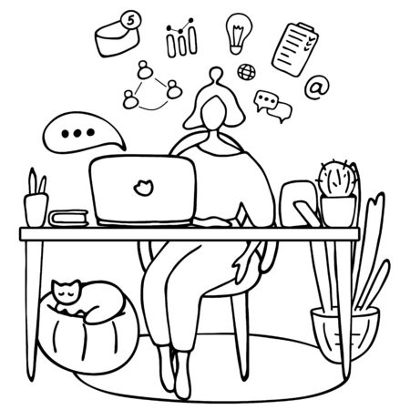 Student female character study at computer. E-learning, online education, blogger, volunteer concept. Hand drawn vector illustrationのイラスト素材