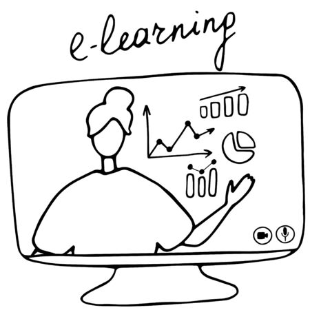 Online teacher explains the charts on monitor. Vector illustration for online education, learning, e-learning conceptのイラスト素材