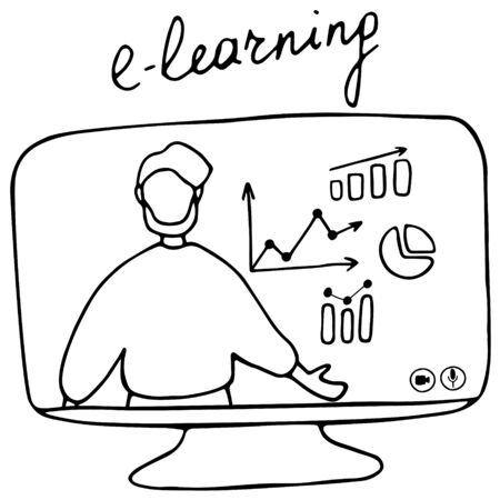Hand drawn design concept of online education, training and courses, learning, video tutorials. Blogger Live Streaming. Man on monitor. Doodle vector illustrationのイラスト素材