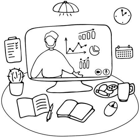 Man character is giving online business lecture. Online courses, digital and distance teaching and learning concept. Workplace for remote work and e-learning. Hand drawn vector illustrationのイラスト素材