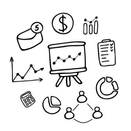 Business hand drawn icons. Doodle graph and chart, letter, to-do list, calculator. Vector illustration.のイラスト素材