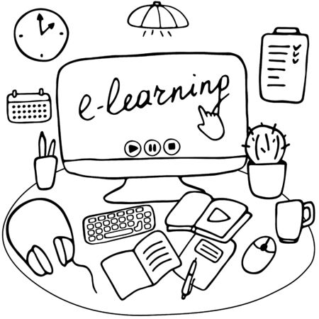 Workplace for online learning and remote work. Desktop with stationery and home items. E-learning, online education, stay home concept. Hand drawn vector illustrationのイラスト素材
