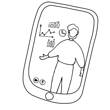Vector linear illustration of webinar, online conference, lectures and training in internet. Man teaches people to broadcast online. E-learning, video conference, stay home concept.のイラスト素材